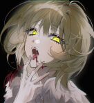  1girl black_background blonde_hair blood blood_on_face body_fur commentary dungeon_meshi eyelashes falin_thorden fangs hand_up highres looking_at_viewer monster_girl open_mouth pb_q portrait saliva short_hair simple_background solo spoilers tongue tongue_out yellow_eyes 