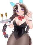  1girl absurdres alternate_costume anger_vein animal_ears ass bare_shoulders beret black_leotard black_pantyhose blush braid breasts brown_hair champagne_flute commentary_request cowboy_shot cup detached_collar drinking_glass ear_covers hat highleg highleg_leotard highres hokko_tarumae_(umamusume) holding holding_tray horse_ears horse_girl horse_tail kaoru_(h8qm9) leaning_forward leotard long_hair looking_at_viewer looking_back multicolored_hair nontraditional_playboy_bunny pantyhose pout purple_eyes sideboob simple_background solo strapless streaked_hair table tail tray twin_braids umamusume very_long_hair white_background white_hair wrist_cuffs 