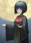  1girl absurdres black_hair blunt_bangs bob_cut floral_print full_moon green_hakama hakama hakama_skirt highres japanese_clothes kawara_pigeon kimono long_sleeves looking_at_viewer moon night night_sky open_clothes original outdoors parted_lips petals print_kimono red_eyes red_kimono short_hair skirt sky solo wide_sleeves 