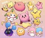  1boy 1girl :d ;d ^_^ aquabluu arms_up black_eyes blue_hair blush blush_stickers bow brother_and_sister closed_eyes closed_mouth commentary cosmog densetsu_no_stafy english_commentary eyelashes gradient_background highres holding holding_wand hungry_luma_(super_mario_galaxy) jirachi kiki_(little_twin_stars) kirby kirby_(series) lala_(little_twin_stars) lilo_&amp;_stitch little_twin_stars long_hair long_sleeves looking_at_viewer luma_(mario) mario_&amp;_luigi_rpg mario_(series) one_eye_closed open_mouth pink_hair pokemon pokemon_(creature) red_bow ristar ristar_the_shooting_star robe sanrio shoes short_hair siblings simple_background smile smirk solid_circle_eyes star_(symbol) star_(wish_(disney)) star_bit star_wand starfy starlow starly_(starfy) super_mario_galaxy topper_(lilo_&amp;_stitch) twins wand warp_star white_footwear white_robe wish_(disney) yellow_eyes 