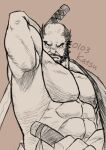  1boy abs armpits bald_spot bara bare_pectorals beard brown_theme connected_beard facial_hair final_fantasy final_fantasy_xiv frown full_beard greyscale_with_colored_background hadanugi_dousa holding holding_sword holding_weapon incoming_attack katsu_7518 large_pectorals looking_at_viewer male_focus muscular muscular_male mustache pectorals roegadyn ronin sanpaku solo strongman_waist sword thick_eyebrows tsurime upper_body warrior_of_light_(ff14) weapon 