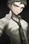  1boy ahoge badge breast_pocket brown_eyes brown_hair collarbone collared_shirt danganronpa_(series) danganronpa_2:_goodbye_despair gradient_background green_background green_necktie highres hinata_hajime male_focus natsukusa_(hacho129) necktie pocket shirt short_hair solo teeth upper_body 