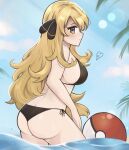  1girl bikini black_bikini blonde_hair blue_sky blush breasts commentary cynthia_(pokemon) day grey_eyes hair_ornament highres large_breasts long_hair looking_at_viewer outdoors pokemon pokemon_dppt purrlucii sky solo swimsuit very_long_hair 