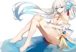  1girl bare_shoulders barefoot bikini blue_eyes breasts cleavage closed_mouth detached_sleeves fate/grand_order fate_(series) flower fs_(sdamsd21321) gold_trim hair_flower hair_ornament highres large_breasts long_hair looking_at_viewer morgan_le_fay_(water_princess)_(fate) red_brooch red_tassel ribbon solo swimsuit thighlet white_bikini white_hair white_swimsuit 