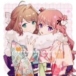  2024 2girls aono_nachi artist_name blush breasts brown_hair closed_mouth copyright_notice floral_print green_eyes green_kimono grid_background hair_intakes hair_ornament happy_new_year highres japanese_clothes kagari_mimi kimi_ga_shinu_made_koi_wo_shitai kimono long_hair long_sleeves looking_at_viewer multiple_girls obi official_art open_mouth pink_hair pink_kimono purple_eyes rabbit_hair_ornament sash scarf second-party_source shared_clothes shared_scarf short_hair small_breasts smile totsuki_shiina upper_body wide_sleeves yukata 