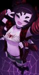  1girl arm_up arthropod_girl black_choker black_eyes black_hair black_panties black_thighhighs blush bow choker clothes_pull colored_skin cup extra_arms extra_eyes fangs from_above hair_bow highres looking_at_viewer monster_girl muffet no_bra open_clothes open_mouth open_shirt open_shorts panties purple_skin red_bow red_shirt selfie shirt short_hair shorts shorts_pull silk smile solo spider_girl spider_web thighhighs torn_clothes torn_thighhighs two_side_up undertale underwear v yoako 