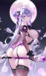  1girl absurdres ahoge ass breasts choyeon curvy garter_straps hair_bun hair_ribbon highres large_breasts long_hair looking_at_viewer looking_back moon night night_sky original purple_eyes ribbon single_hair_bun skindentation sky solo thick_thighs thighhighs thighs 