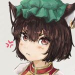  1girl :i anger_vein animal_ear_piercing animal_ears brown_eyes brown_hair cat_ears chen closed_mouth commentary_request dot_nose double-parted_bangs earrings frills glaring gold_trim green_headwear grey_background hair_between_eyes hat highres jewelry kon46965230 light_frown looking_at_viewer mob_cap portrait pout short_hair simple_background single_earring solo touhou v-shaped_eyebrows 