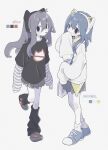  2girls animal_ears bag black_eyes black_leg_warmers black_shirt blue_footwear blue_hair cat_ears character_name color_guide colored_skin crocs eguwi fake_animal_ears full_body grey_footwear grey_hair grey_shirt grey_skirt hair_between_eyes hand_up highres layered_sleeves leg_warmers long_hair long_sleeves looking_at_viewer miniskirt multiple_girls original pleated_skirt print_shirt safety_pin shirt shoelaces shoes short_over_long_sleeves short_sleeves shoulder_bag simple_background skirt sleeves_past_fingers sleeves_past_wrists sneakers socks standing striped striped_shirt sweater t-shirt tongue tongue_out white_background white_skin white_socks white_sweater 