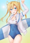  1girl abukuma_(kancolle) anti_(untea9) blonde_hair blue_eyes blue_one-piece_swimsuit blush breasts cleavage competition_swimsuit gradient_background hair_between_eyes hair_bun hair_rings high_school_fleet highres holding holding_surfboard jacket kantai_collection long_hair long_sleeves looking_at_viewer multicolored_clothes multicolored_swimsuit one-piece_swimsuit open_mouth small_breasts smile solo surfboard swimsuit twintails two-tone_swimsuit white_jacket white_one-piece_swimsuit yellow_background 