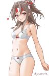  1girl bra breasts brown_hair cowboy_shot headband high_ponytail highres kantai_collection medium_hair navel one-hour_drawing_challenge panties red_eyes small_breasts smile solo standing striped_headband underwear underwear_only white_bra white_panties yamano_rita zuihou_(kancolle) 