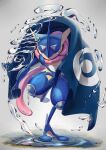  blanket blue_skin colored_skin commentary_request daifuku_suke greninja grey_background pokemon pokemon_(creature) red_eyes reflection ripples simple_background standing standing_on_one_leg under_covers water webbed_feet webbed_hands 
