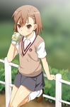  blurry blurry_background can fence hair_ornament hairclip loose_socks mattaku_mousuke misaka_mikoto school_uniform short_hair skirt socks solo sweater_vest to_aru_kagaku_no_railgun to_aru_majutsu_no_index 