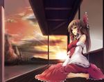  bare_shoulders barefoot bow brown_hair cloud commentary detached_sleeves dot_r hair_bow hakurei_reimu lips long_hair nature red_eyes scenery sitting solo sunset touhou tree wariza 
