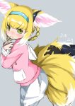  1girl 1other alternate_costume animal_ears arknights blonde_hair blue_hairband blush braid braided_hair_rings closed_mouth colored_tips commentary_request cowboy_shot doctor_(arknights) earpiece fox_ears fox_girl fox_tail green_eyes grey_background hair_rings hairband highres hood hoodie kitsune kyuubi multicolored_hair multiple_tails nasumikan_(nodoame241) nose_blush pants pink_hoodie short_hair simple_background solo_focus suzuran_(arknights) tail twin_braids two-tone_hair white_hair white_pants 