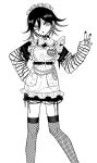  1boy alternate_costume apron character_name choker danganronpa_(series) danganronpa_v3:_killing_harmony dress feet_out_of_frame fishnet_thighhighs fishnets frilled_apron frills greyscale hair_between_eyes hand_on_own_hip hand_up hirumanoinu jewelry long_sleeves looking_at_viewer maid maid_apron maid_headdress male_focus monochrome nail_polish name_tag o-ring o-ring_choker oma_kokichi open_mouth ring shirt short_hair simple_background solo standing striped striped_shirt thighhighs unconventional_maid w white_background 