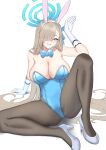  1girl 7iruca absurdres animal_ears asuna_(blue_archive) asuna_(bunny)_(blue_archive) asymmetrical_bangs bare_shoulders black_pantyhose blonde_hair blue_archive blue_bow blue_bowtie blue_eyes blue_leotard blush bow bowtie breasts detached_collar fake_animal_ears gloves hair_over_one_eye halo high_heels highleg highleg_leotard highres large_breasts leaning_back leotard long_hair looking_at_viewer official_alternate_costume on_ground pantyhose playboy_bunny rabbit_ears sitting smile spread_legs strapless strapless_leotard white_background white_gloves 