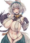  1girl alexi_oekaki animal_ears breasts brown_eyes covered_nipples detached_sleeves echocalypse fang fingerless_gloves gloves green_hairband hairband highres huge_breasts light_brown_hair looking_at_viewer navel open_mouth simple_background skin_fang solo tail white_background xen_(echocalypse) 