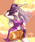  bad_id bad_pixiv_id bare_shoulders breasts cleavage costume gloves halloween hand_on_headwear hat highres ice2002 idolmaster idolmaster_(classic) jack-o'-lantern long_hair medium_breasts navel pumpkin red_eyes shijou_takane silver_hair solo witch_hat 