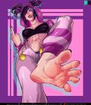  1girl :p absurdres barefoot feet foot_focus glowing glowing_eye hair_horns han_juri highres koiarts looking_at_viewer middle_finger nail_polish no_shoes open_mouth soles solo spread_toes street_fighter street_fighter_6 teeth toenail_polish toenails toes tongue tongue_out 