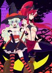  2girls animal_ears breasts broom choker cleavage costume covered_nipples halloween hat large_breasts medium_breasts multicolored_hair multiple_girls nia_teppelin noritake ponytail red_hair striped striped_legwear tengen_toppa_gurren_lagann thighhighs two-tone_hair underboob witch_hat yoko_littner 