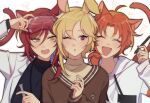  3boys absurdres animal_ears blonde_hair blush cat_boy cat_ears closed_eyes ensemble_stars! grey_background heart highres low_side_ponytail lummy_yummy male_focus multiple_boys nito_nazuna orange_hair rabbit_boy rabbit_ears red_eyes red_hair sakasaki_natsume short_hair_with_long_locks simple_background tsukinaga_leo white_hair 