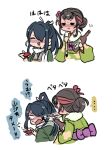  ... 2girls black_hair body_markings bottle brown_hair calligraphy_brush coat commentary_request cup drunk fur-trimmed_kimono fur_trim green_coat green_kimono hair_bun hair_over_one_eye holding holding_cup japanese_clothes kantai_collection kimono kumano_maru_(kancolle) long_hair multicolored_hair multiple_girls multiple_views official_alternate_costume paintbrush ponytail sakazuki scarf simple_background solid_oval_eyes spoken_ellipsis terrajin translation_request upper_body white_background white_scarf yamashio_maru_(kancolle) 