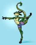 anthro antlers belly_tuff bigmoon206 bulge clothing dear eyewear fur glasses green_body green_fur hi_res horn hybrid jewelry kobold looking_at_viewer male mossweaver neck_tuft on_one_leg pawpads simple_background solo sparkles standing tail tuft underwear yellow_eyes yoga