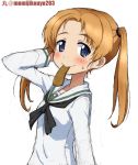  alternate_hairstyle arm_behind_head arm_up artist_name bangs black_neckwear blouse blush chips closed_mouth commentary cosplay eyebrows_visible_through_hair food from_side girls_und_panzer hair_tie hand_in_hair kadotani_anzu kadotani_anzu_(cosplay) kayabakoro long_hair long_sleeves looking_at_viewer mouth_hold neckerchief ooarai_school_uniform orange_pekoe parted_bangs potato_chips school_uniform serafuku simple_background sketch smile solo standing sweatdrop twintails twitter_username upper_body white_background white_blouse 