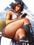  1girl artist_name azuma_yasuo bench boots breasts cellphone cleavage cross-laced_footwear crossed_legs final_fantasy final_fantasy_x final_fantasy_x-2 heterochromia highres hood phone short_hair short_shorts shorts showgirl_skirt smartphone smile solo thighs yuna_(ff10) 