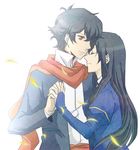  1girl black_hair bridal_gauntlets brown_eyes closed_eyes couple gundam gundam_00 hetero holding_hands jacket long_hair marina_ismail puffy_sleeves scarf setsuna_f_seiei short_hair simple_background taam white_background 