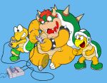 anthro bowser claws clothing controller footwear game_controller gaming group hair hammer_bro hi_res horn koopa koopa_troopa male mario_bros nintendo open_mouth playing_videogame red_hair scalie scottforester17 shell shoes simple_background sitting spikes spikes_(anatomy) super_nintendo super_nintendo_controller teeth trio yellow_body