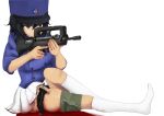  1girl aiming andou_(girls_und_panzer) assault_rifle bc_freedom_(emblem) bc_freedom_military_uniform black_hair blood blue_headwear blue_jacket bullpup crying emblem famas girls_und_panzer gun hat holding holding_gun holding_weapon injury jacket kepi military_hat mt_totemo_tuyoi no_shoes non-web_source rifle socks tears trigger_discipline weapon white_socks 