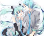  1girl aqua_hair cosmos detached_sleeves genderswap genderswap_(ftm) hatsune_miku hatsune_mikuo long_hair necktie simple_background skirt smile twintails very_long_hair vocaloid 
