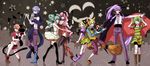  5girls animal_ears bandages bat blue_scarf bolt boots breasts broom candy cape cat_ears cat_paws cat_tail cleavage collar double_bun food frankenstein's_monster green_hair gumi hair_over_one_eye halloween hatsune_miku highres kagamine_len kagamine_rin kaito kamui_gakupo long_hair medium_breasts megurine_luka meiko midriff multiple_boys multiple_girls navel night one_eye_closed paws scarf skirt small_breasts smile stitches tail thighhighs vampire very_long_hair vocaloid wolf yamako_(state_of_children) 