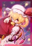  1girl bandage_over_one_eye bandaged_arm bandages blonde_hair crystal dress flandre_scarlet halloween hat highres kabochamaronpie one_eye_covered red_dress red_eyes red_ribbon ribbon side_ponytail solo tongue tongue_out touhou 