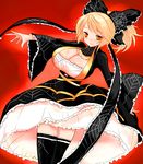  adapted_costume black_legwear blonde_hair bow breasts center_opening cleavage dress hair_bow hair_ribbon han_(jackpot) huge_breasts kurodani_yamame light_smile long_sleeves looking_at_viewer ponytail red_background ribbon silk solo spider_web spider_web_print thighhighs touhou wide_sleeves yellow_eyes 