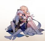  2girls armor blonde_hair blue_shrug blue_skirt blunt_bangs breastplate breasts cleavage closed_eyes closed_mouth couple detached_sleeves floating_hair flower genshin_impact grey_hair hair_flower hair_ornament hair_ribbon high_ponytail highres holding_hands interlocked_fingers kamisato_ayaka long_hair long_sleeves lumine_(genshin_impact) medium_breasts multiple_girls pink_ribbon ribbon short_hair_with_long_locks sidelocks simple_background sitting sitting_on_lap sitting_on_person skirt smile socks very_long_hair white_background white_flower white_sleeves white_socks yuri yuutama2804 