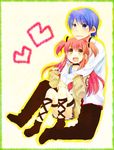  1girl angel_beats! blush heart hinata_(angel_beats!) hug hug_from_behind mochizuki_mina open_mouth smile yui_(angel_beats!) 