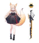  1girl animal_ear_fluff animal_ears belt black_belt black_dress black_footwear black_nails blonde_hair blue_eyes boots bow buckle choker dress expressionless fox fox_ears fox_girl fox_tail ge_zhong_kuaile hair_ornament heart heart-shaped_buckle highres indie_virtual_youtuber long_hair multicolored_clothes multicolored_dress red_bow robot solo standing sword tachi-e tail thigh_strap very_long_hair weapon 