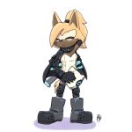anthro blonde_hair brown_body canid canine canis cape clothed clothing ears_up eyes_closed female footwear fur hair hi_res humanoid idw_publishing innotsu knee_pads mammal mask mouth_closed ponytail sega shoes solo sonic_the_hedgehog_(comics) sonic_the_hedgehog_(idw) sonic_the_hedgehog_(series) tail whisper_the_wolf wolf yellow_body yellow_fur yellow_tail