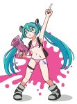  1girl absurdres aqua_eyes aqua_hair armpits bikini commentary_request full_body gun hair_between_eyes hatsune_miku highres holding holding_gun holding_weapon index_finger_raised ink_tank_(splatoon) long_hair navel open_mouth paint_splatter pink_bikini solo splatoon_(series) splatoon_3 splattershot_jr_(splatoon) sumiyama swimsuit thigh_strap twintails vocaloid weapon white_background 