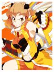  1girl absurdres bodysuit breasts brown_hair clenched_hands closed_mouth clothing_cutout commentary gauntlets gloves hair_ornament hairclip headgear highres looking_at_viewer magical_girl medium_breasts navel navel_cutout orange_bodysuit orange_eyes oritako senki_zesshou_symphogear short_hair sleeveless sleeveless_bodysuit smile solo standing tachibana_hibiki_(symphogear) v-shaped_eyebrows white_gloves 