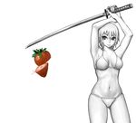  armpits arms_up bare_shoulders bikini breasts cleavage collarbone cutting food fruit groin hair_between_eyes highres hips holding holding_up large_breasts lips looking_at_viewer metal_akira midriff monochrome navel original red_eyes ribs serious short_hair sideboob sidelocks simple_background solo spot_color standing strawberry swimsuit sword thighs underboob weapon white white_background white_bikini 