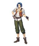  &gt;:) 1boy belt black_footwear black_gloves blue_eyes blue_hair boots brown_belt dagger fingerless_gloves fire_emblem fire_emblem:_thracia_776 fire_emblem_heroes full_body gloves grey_pants hand_on_own_hip knife looking_at_viewer official_art orange_vest otorihara outstretched_arm pants perne_(fire_emblem) shirt short_hair short_sleeves simple_background smile solo standing third-party_source v-shaped_eyebrows vest weapon white_background white_shirt 
