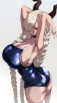  1girl armpits arms_up ass asymmetrical_bangs azur_lane black_choker blonde_hair blue_one-piece_swimsuit braid breasts choker cleavage collarbone dark-skinned_female dark_skin grin hair_over_one_eye highres horns huge_breasts long_bangs long_hair looking_at_viewer mokko_(returntrip0m) mole mole_under_mouth one-piece_swimsuit owari_(azur_lane) simple_background smile solo swimsuit taut_clothes taut_swimsuit thighhighs thighs twin_braids twisted_torso v very_long_hair white_thighhighs yellow_eyes 