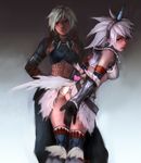 armor ass bad_id bad_pixiv_id covering covering_ass elbow_gloves embarrassed fishnets gloves grey_hair hairband halter_top halterneck hand_on_hip horn kirin_(armor) looking_back monster_hunter multiple_girls nargacuga_(armor) open_mouth panties pantyshot red_eyes silver_hair thighhighs underwear white_hair woodenmanatees 