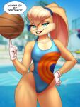 2024 absurd_res anthro ball basketball_(ball) blurred_background clothing dialogue digital_media_(artwork) english_text eyebrows eyelashes female fingers front_view fur gloves handwear hi_res long_ears looking_at_viewer mykegreywolf one-piece_swimsuit outside speech_bubble swimwear text