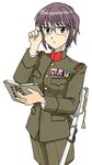  adjusting_eyewear book brown_eyes commentary cosplay crapgame glasses imperial_japanese_army military military_uniform nagata_tetsuzan nagata_tetsuzan_(cosplay) nagato_yuki namesake pun purple_hair short_hair simple_background solo suzumiya_haruhi_no_yuuutsu sword uniform weapon 