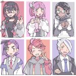  3boys 3girls :d alternate_costume alternate_hairstyle amarys_(pokemon) apron aqua_eyes arched_bangs black_choker black_hair black_suit blush border brown_eyes carmine_(pokemon) choker closed_eyes closed_mouth collarbone collared_shirt colored_inner_hair crispin_(pokemon) crossed_arms crossed_bangs dark-skinned_female dark_skin dot_nose drayton_(pokemon) eyelashes glasses grey_hair grey_hoodie grin hair_ornament hair_over_one_eye hairclip heart heart_hands highres hood hoodie kieran_(pokemon) lacey_(pokemon) maid_apron multicolored_hair multiple_boys multiple_girls necktie open_mouth outside_border pink_hair pokemon pokemon_sv purple_hair purple_necktie red_hair red_necktie red_shirt remoooon shirt short_hair smile streaked_hair suit teeth thick_eyebrows thumbs_down two-tone_hair upper_body v v-shaped_eyebrows white-framed_eyewear white_border white_hair white_shirt yellow_eyes 